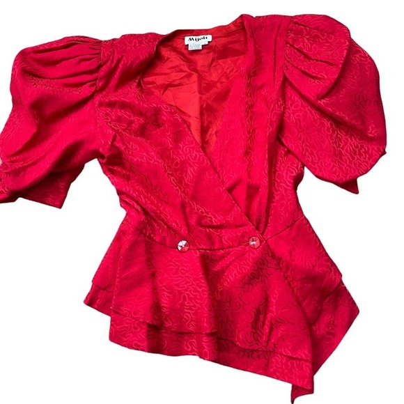 Vintage Mijoli Blouse Silk Puff Sleeves Iridescent Red Faux Wrap Top Sz 6 - Picture 12 of 16